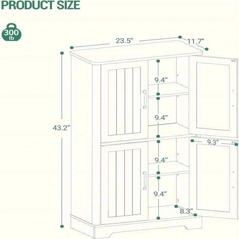 Freestanding Cabinet with 4 Door, 2 Adjustable Shelves - 11.8D x 23.6W x 43.3H