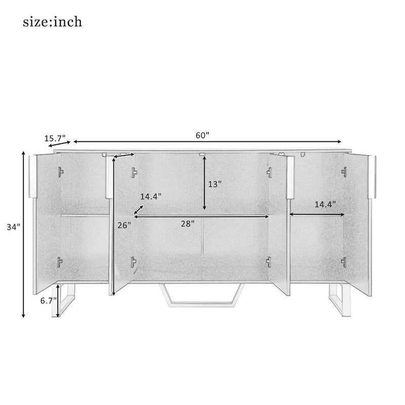 Kitchen Sideboard Cabinet with 4 Doors, Meta handles, Legs and Adjustable Shelves - 60L x 15.7W x 34H