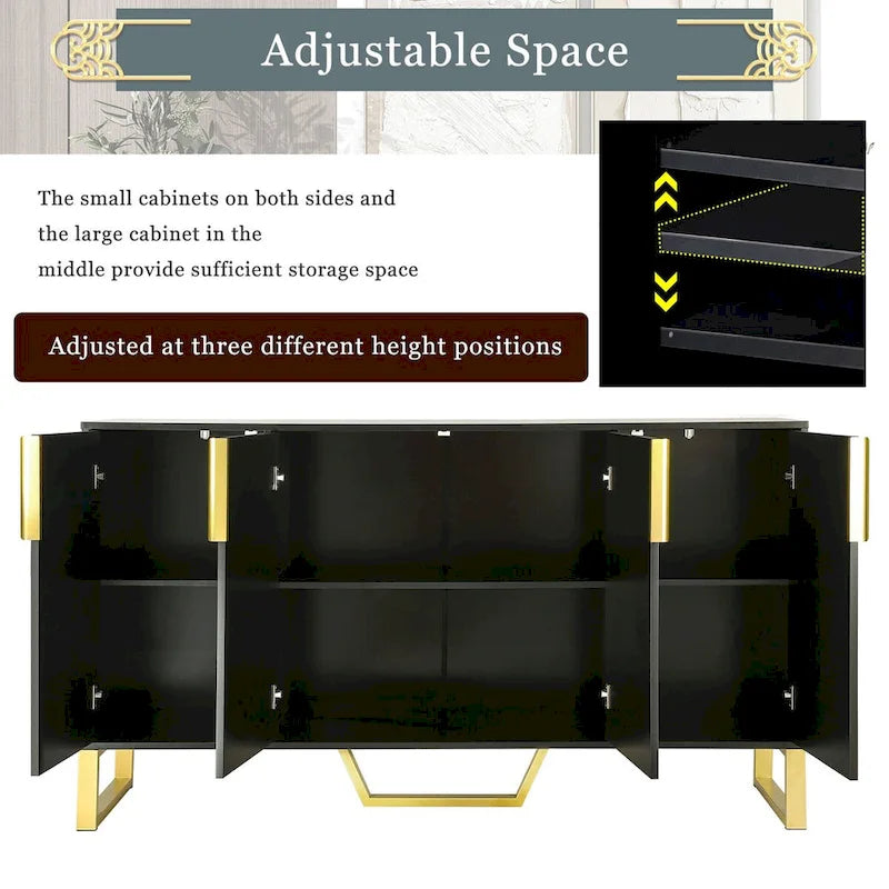 Kitchen Sideboard Cabinet with 4 Doors, Meta handles, Legs and Adjustable Shelves - 60L x 15.7W x 34H