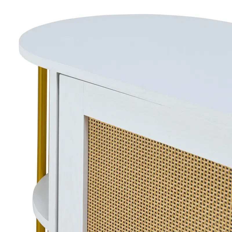 2-Door Elegant Curved Dining Cabinet with Gold Trim and Woven Rattan Doors for Dining Room