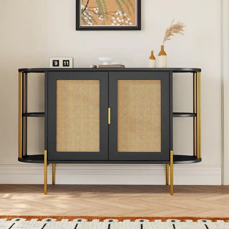 2-Door Elegant Curved Dining Cabinet with Gold Trim and Woven Rattan Doors for Dining Room