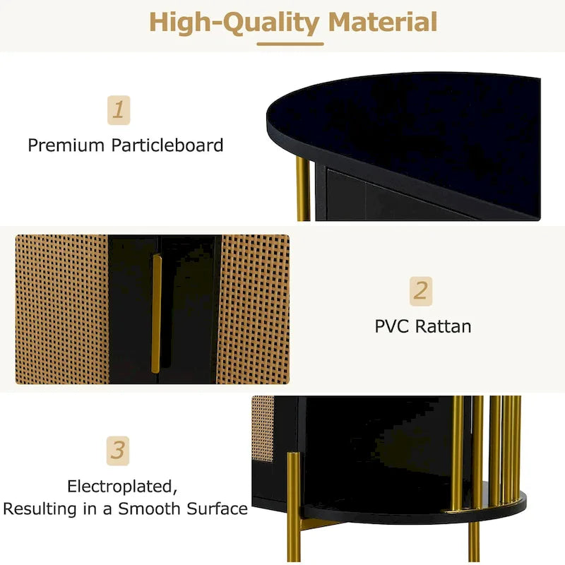 2-Door Elegant Curved Dining Cabinet with Gold Trim and Woven Rattan Doors for Dining Room