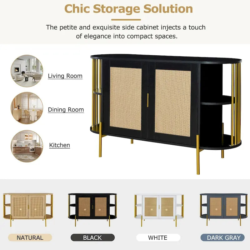 2-Door Elegant Curved Dining Cabinet with Gold Trim and Woven Rattan Doors for Dining Room
