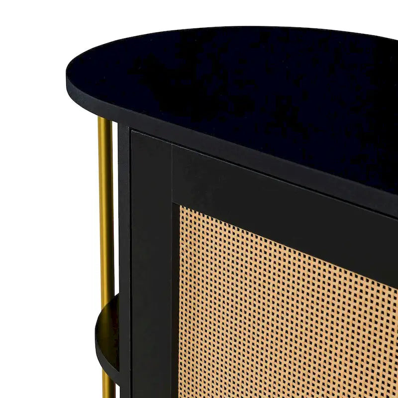 2-Door Elegant Curved Dining Cabinet with Gold Trim and Woven Rattan Doors for Dining Room