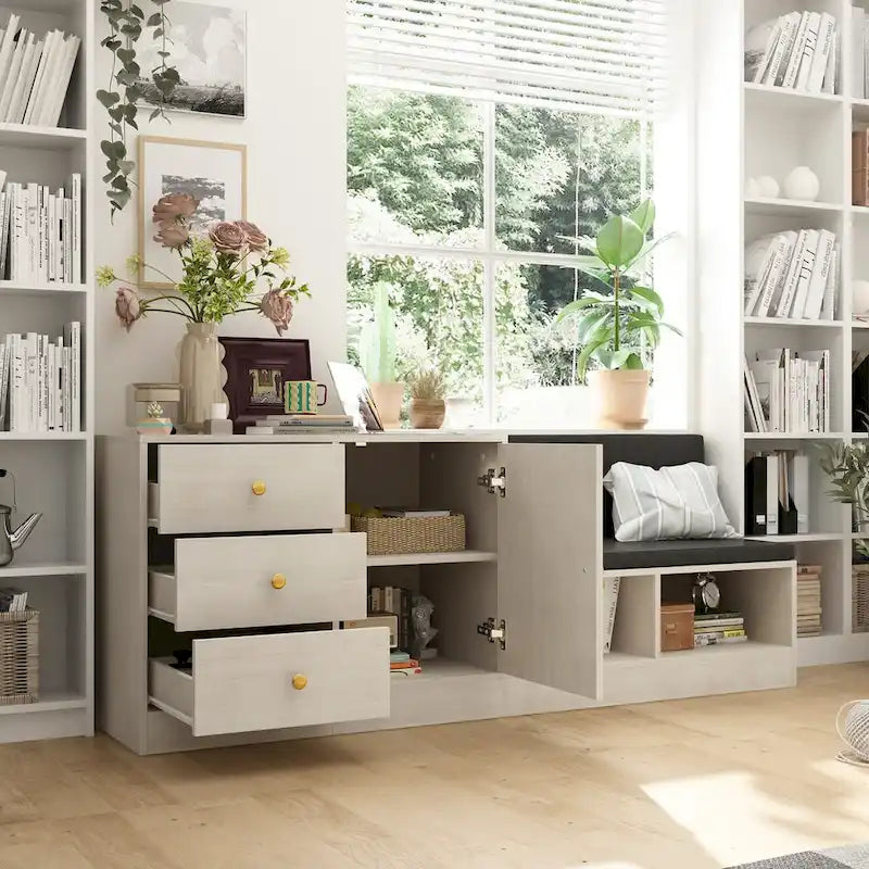White Shoe Bench with Black Cushion and Adjustable Storage Drawers