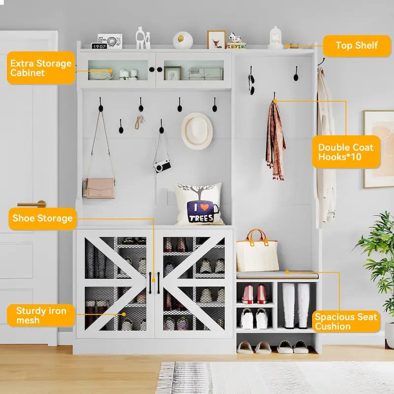 Moasis 77.9 Farmhouse Hall Tree Entryway Bench - 59 Lx 15.7W x 77.9H