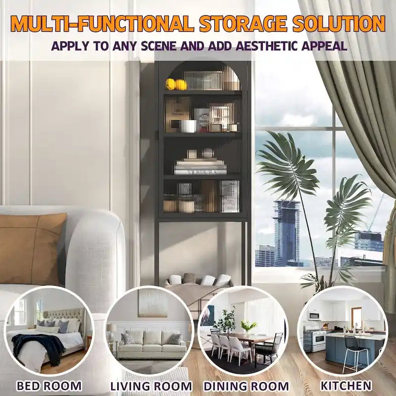 Metal Glass Door Display Storage Cabinet - 5-Tier Cube Bookshelf Storage Cabinet with 3 Adjustable Shelves