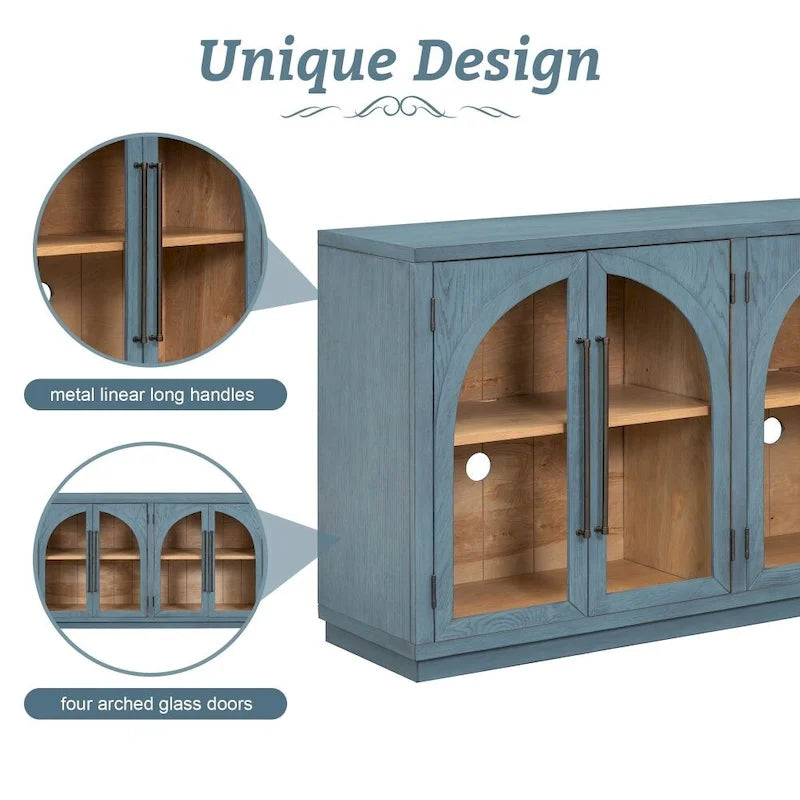 4-Door Large Storage Retro Sideboard with Metal Handles and Adjustable Shelves