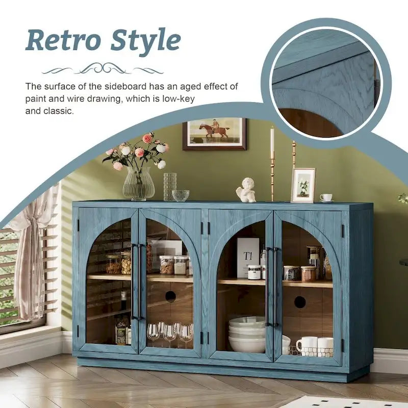 4-Door Large Storage Retro Sideboard with Metal Handles and Adjustable Shelves