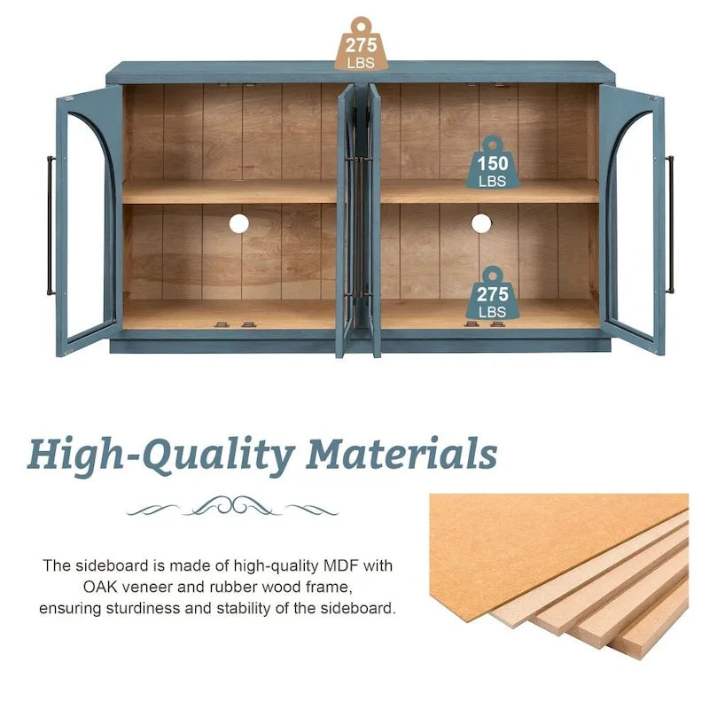 4-Door Large Storage Retro Sideboard with Metal Handles and Adjustable Shelves