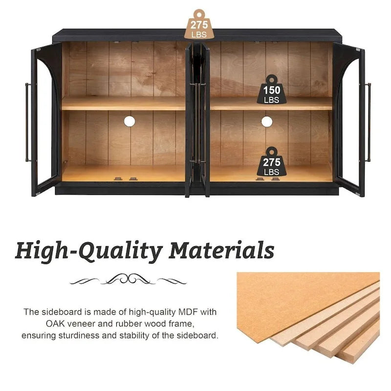 4-Door Large Storage Retro Sideboard with Metal Handles and Adjustable Shelves