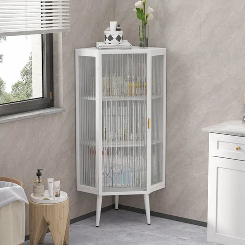 22.25 Floor Coner Cabinet, Three Tiers with Tempered Glass Doors and Storage Shelves for Bathroom, Living Room and Bedroom