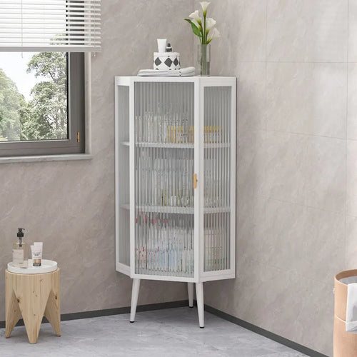 22.25 Floor Coner Cabinet, Three Tiers with Tempered Glass Doors and Storage Shelves for Bathroom, Living Room and Bedroom