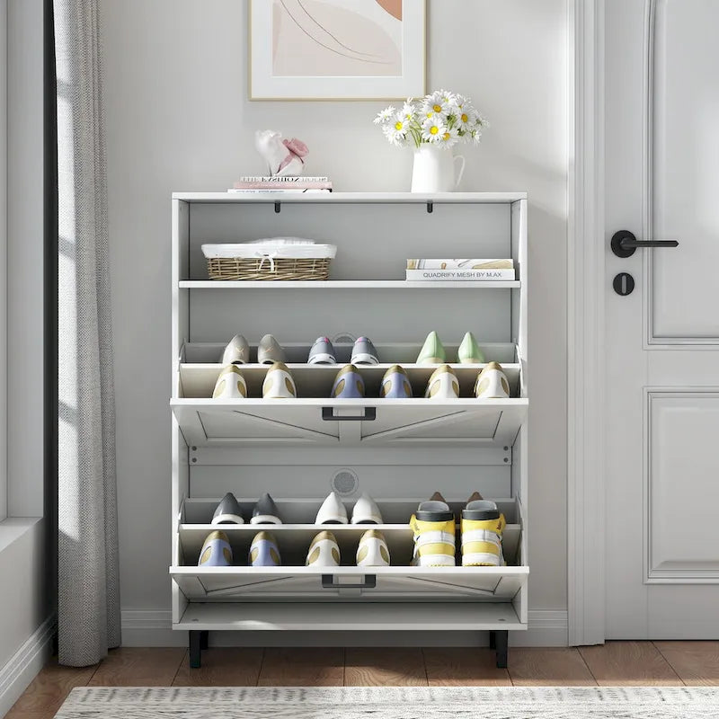 Shoe Storage Cabinet with Barn Door Design,Shoe Organizer with 2 Flip Drawers,Freestanding Shoe Rack Cabinet with Open Storage