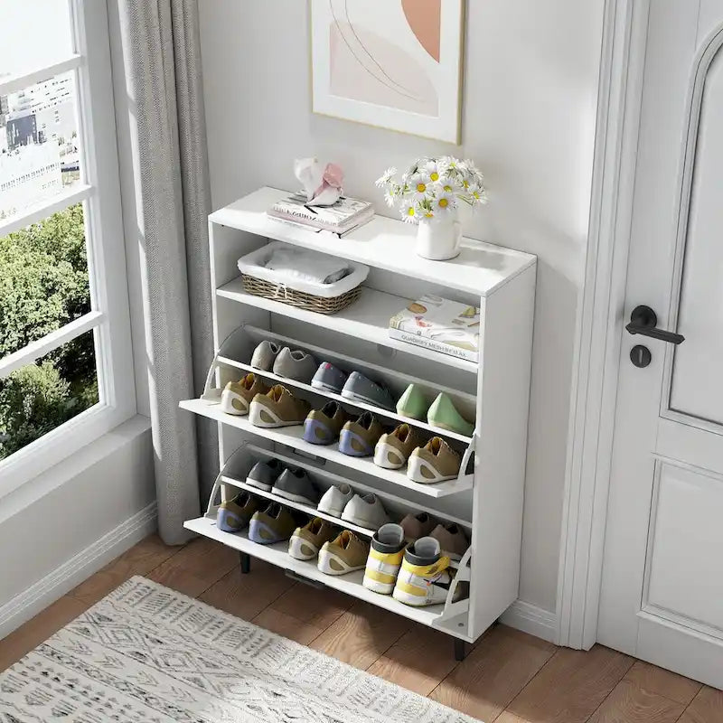 Shoe Storage Cabinet with Barn Door Design,Shoe Organizer with 2 Flip Drawers,Freestanding Shoe Rack Cabinet with Open Storage