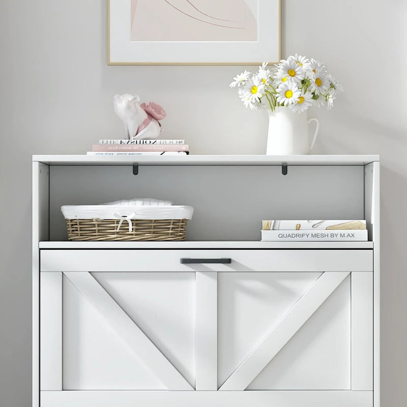 Shoe Storage Cabinet with Barn Door Design,Shoe Organizer with 2 Flip Drawers,Freestanding Shoe Rack Cabinet with Open Storage