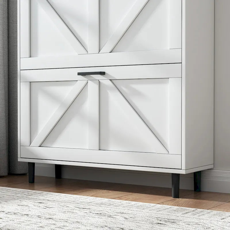 Shoe Storage Cabinet with Barn Door Design,Shoe Organizer with 2 Flip Drawers,Freestanding Shoe Rack Cabinet with Open Storage