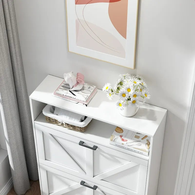 Shoe Storage Cabinet with Barn Door Design,Shoe Organizer with 2 Flip Drawers,Freestanding Shoe Rack Cabinet with Open Storage