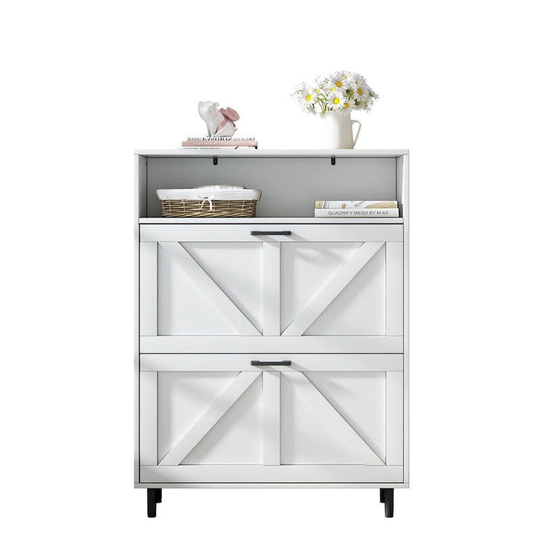 Shoe Storage Cabinet with Barn Door Design,Shoe Organizer with 2 Flip Drawers,Freestanding Shoe Rack Cabinet with Open Storage