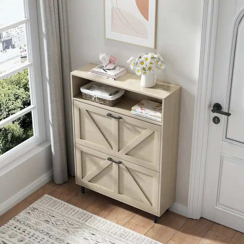 Shoe Storage Cabinet with Barn Door Design,Shoe Organizer with 2 Flip Drawers,Freestanding Shoe Rack Cabinet with Open Storage