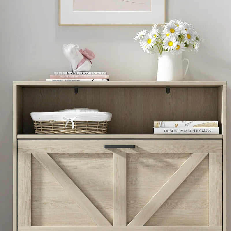 Shoe Storage Cabinet with Barn Door Design,Shoe Organizer with 2 Flip Drawers,Freestanding Shoe Rack Cabinet with Open Storage