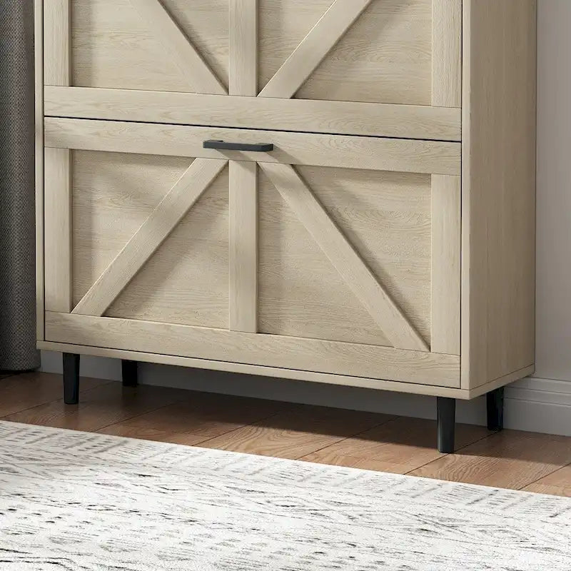 Shoe Storage Cabinet with Barn Door Design,Shoe Organizer with 2 Flip Drawers,Freestanding Shoe Rack Cabinet with Open Storage