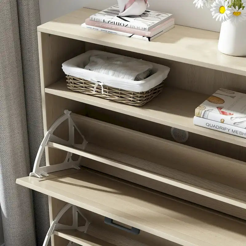 Shoe Storage Cabinet with Barn Door Design,Shoe Organizer with 2 Flip Drawers,Freestanding Shoe Rack Cabinet with Open Storage