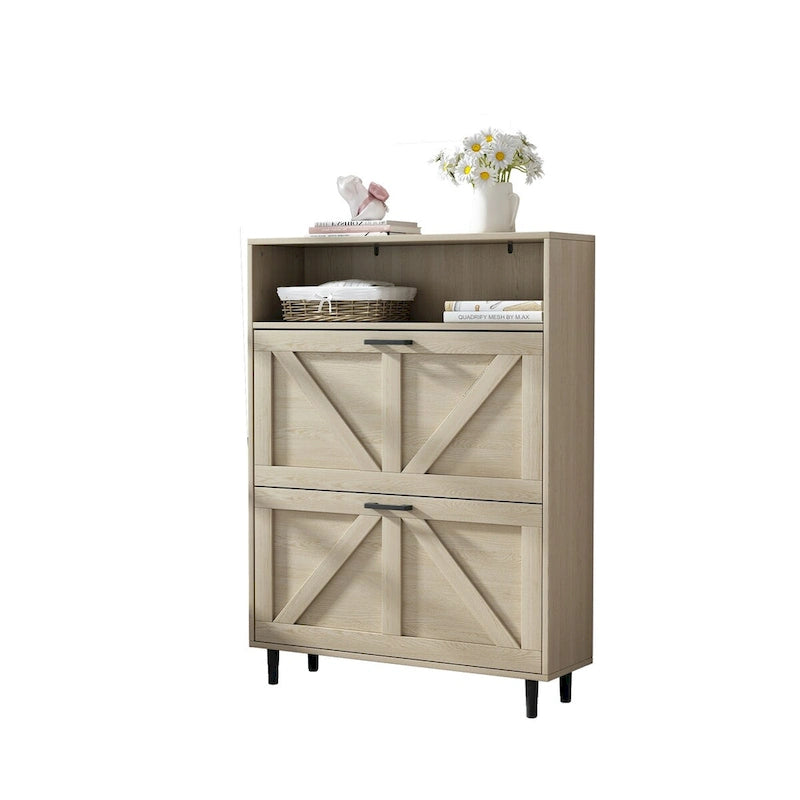 Shoe Storage Cabinet with Barn Door Design,Shoe Organizer with 2 Flip Drawers,Freestanding Shoe Rack Cabinet with Open Storage