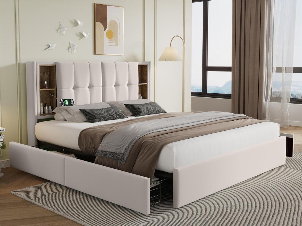 Beige Velvet Bed, 160 x 200 cm